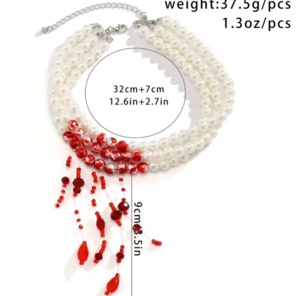 Dracula Red blood Pearl Scarlet Crystal Choker Necklace - Picture 4 of 4